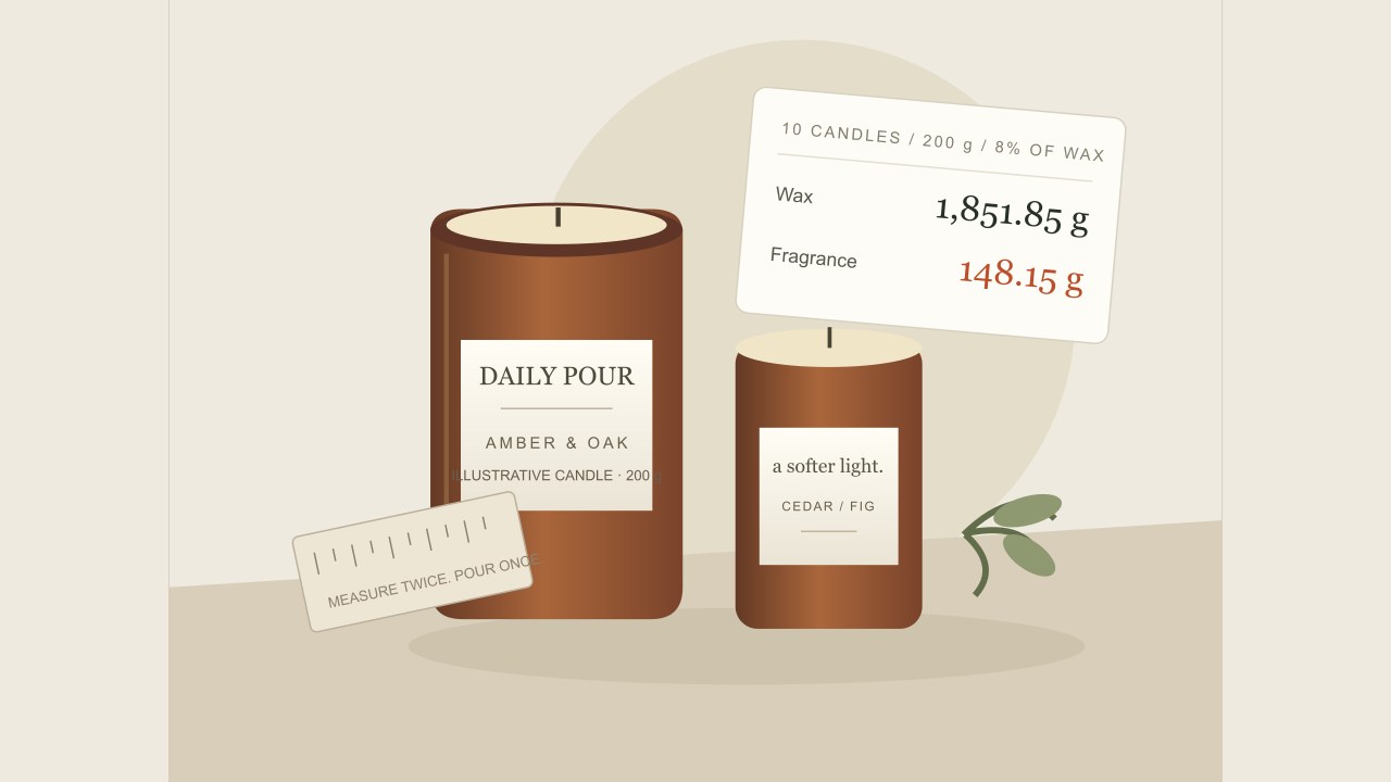 Illustrated candle jars and ingredient weights on a maker workbench