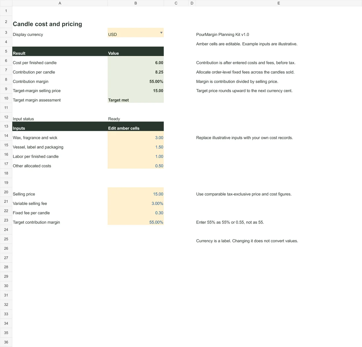 Preview of the PourMargin Costs worksheet showing example cost 6, contribution 8.25 and a 55 percent margin